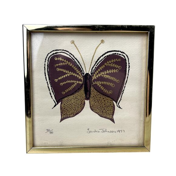 Vintage 70's Butterfly Framed Art Print Brown Tan Retro Hippie Home Decor 1977 - Picture 1 of 12